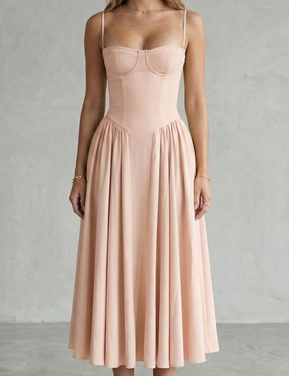 Imogen Hall | Sage Green Corset Midi Dress with Pleated Skirt