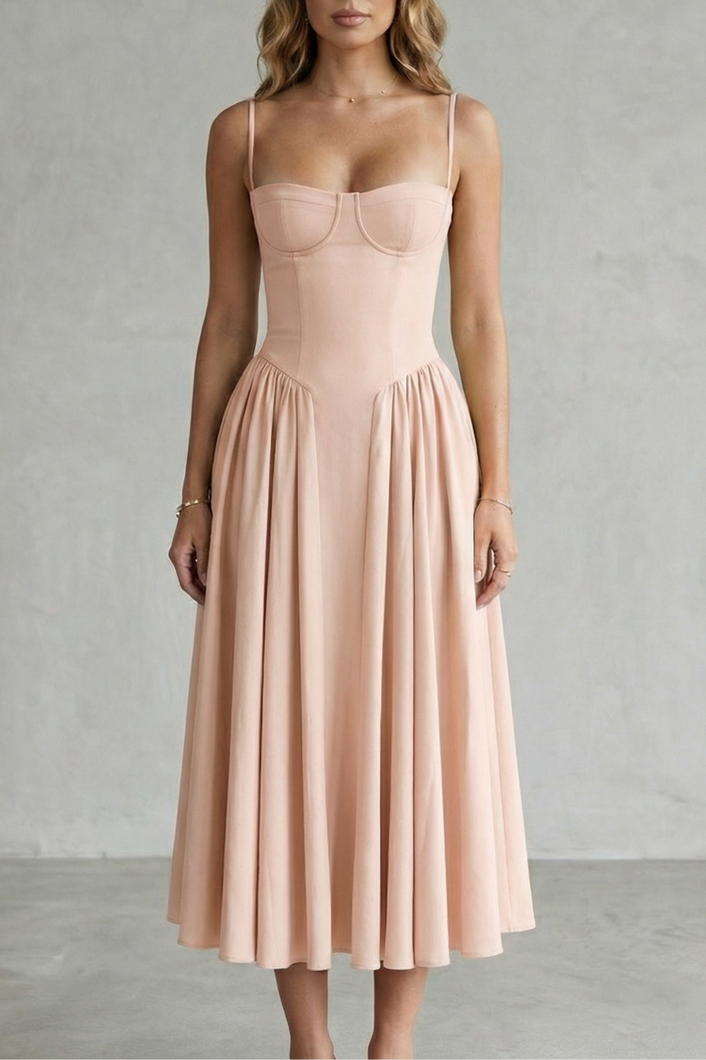 Imogen Hall | Sage Green Corset Midi Dress with Pleated Skirt