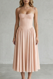 Imogen Hall | Sage Green Corset Midi Dress with Pleated Skirt