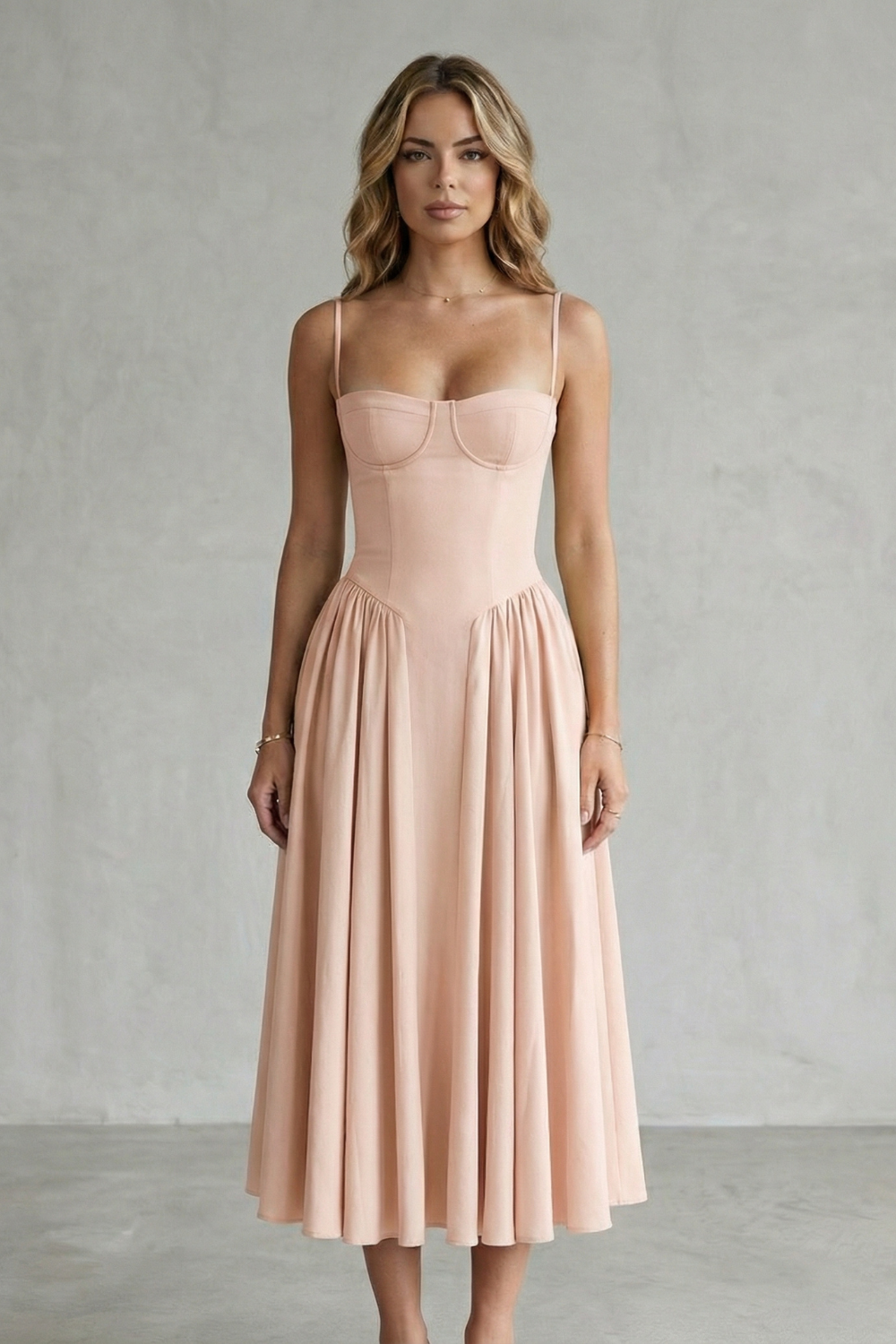 Imogen Hall | Sage Green Corset Midi Dress with Pleated Skirt