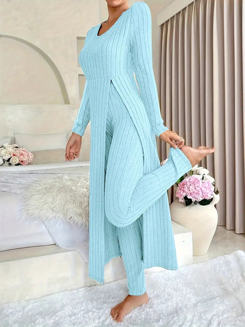 Bridget Murray | Ensemble coordonné avec cardigan long et pantalon en maille côtelée