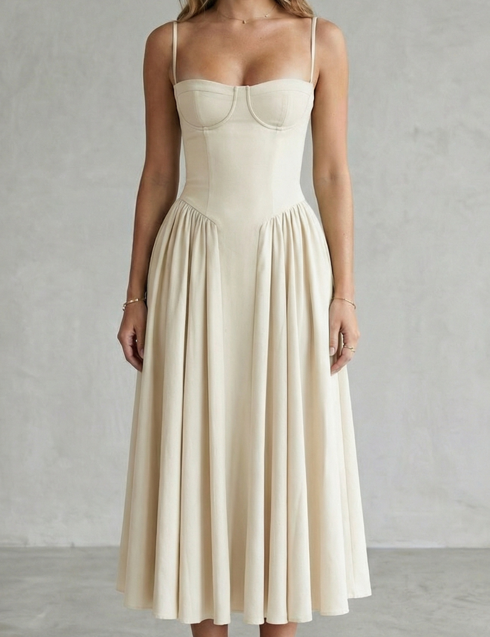 Imogen Hall | Sage Green Corset Midi Dress with Pleated Skirt