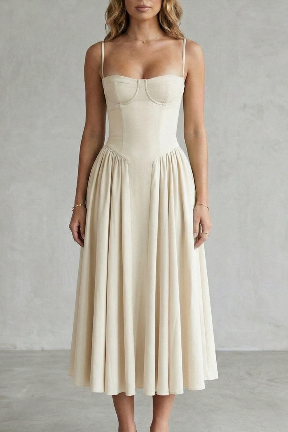 Imogen Hall | Sage Green Corset Midi Dress with Pleated Skirt
