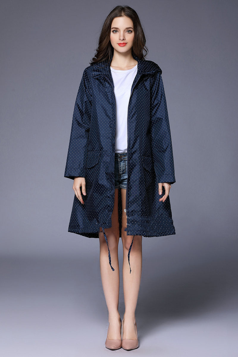 Phoebe Clarke | Navy Hooded Longline Raincoat with Drawstring Hem