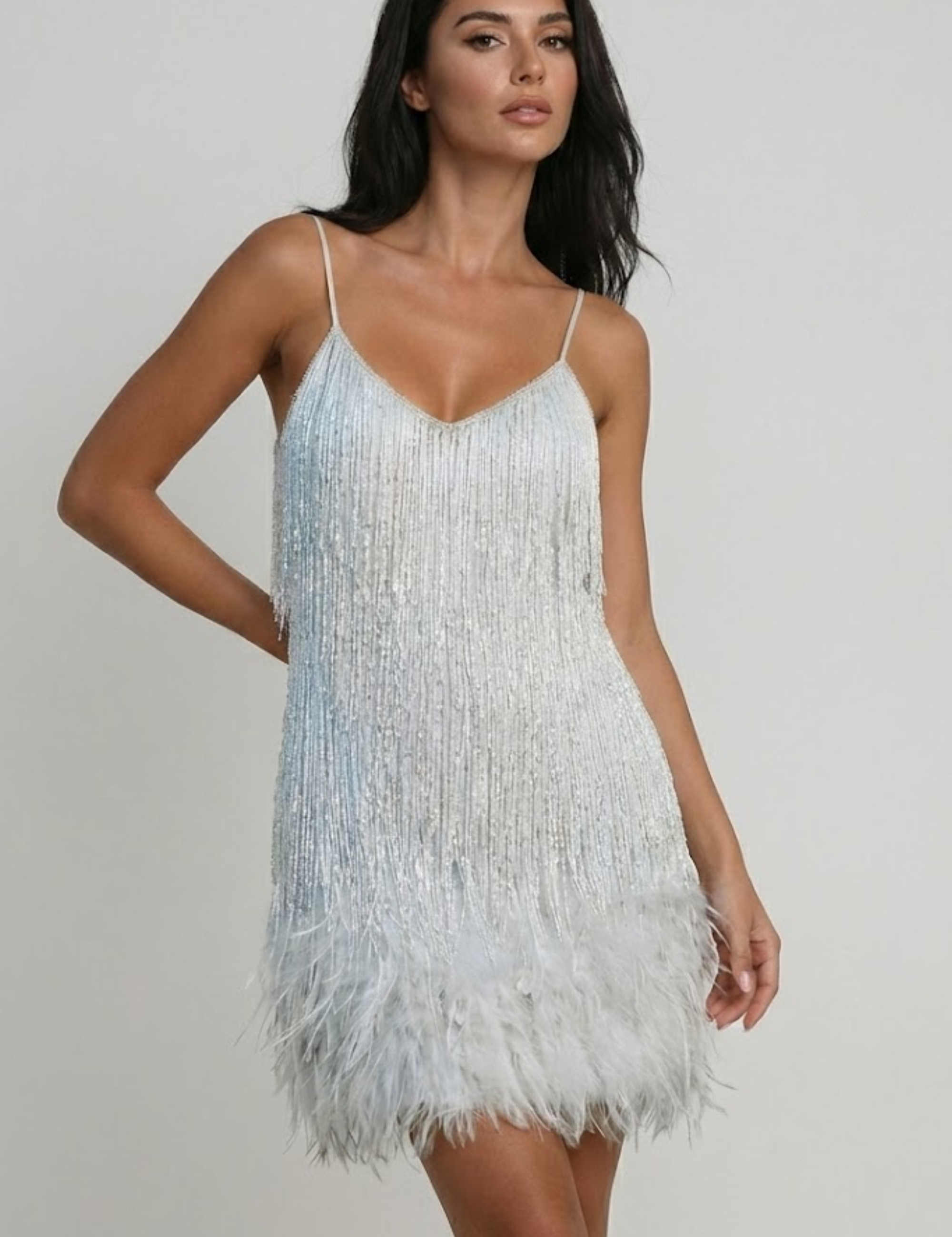 Phoebe Harrison | Emerald Sequin Feather Trim Mini Dress