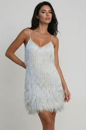 Phoebe Harrison | Emerald Sequin Feather Trim Mini Dress