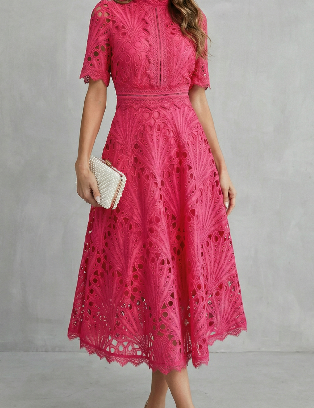 Cecily Hartwood | Hot Pink Lace High-Neck Midi Dress
