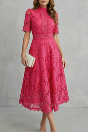 Cecily Hartwood | Hot Pink Lace High-Neck Midi Dress