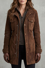 Georgina Cooper | Longline Suede-Effect Coat in Rich Brown