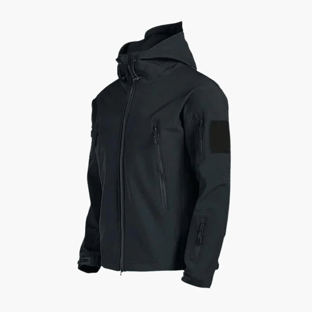 Nathaniel Harris | Veste tactique softshell à capuche noire avec fermeture zippée