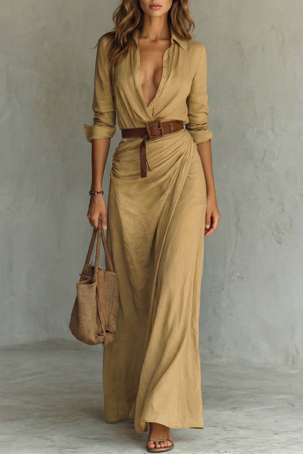 Elowen Harris | Deep V-Neck Belted Maxi Shirt Dress in Khaki
