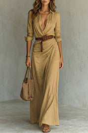 Elowen Harris | Deep V-Neck Belted Maxi Shirt Dress in Khaki