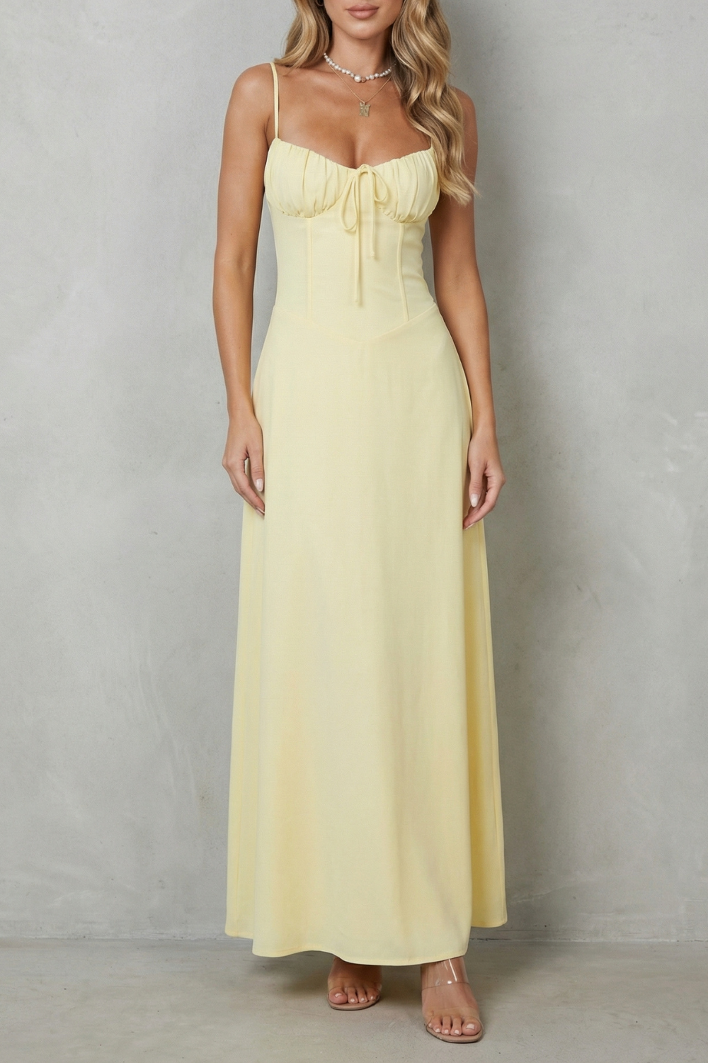 Elspeth Fairwood | Butter Yellow Corset Maxi Dress with Ruched Tie Bust