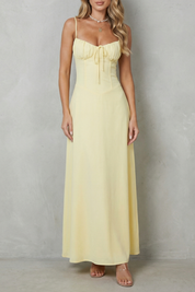 Elspeth Fairwood | Butter Yellow Corset Maxi Dress with Ruched Tie Bust