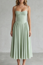 Imogen Hall | Sage Green Corset Midi Dress with Pleated Skirt