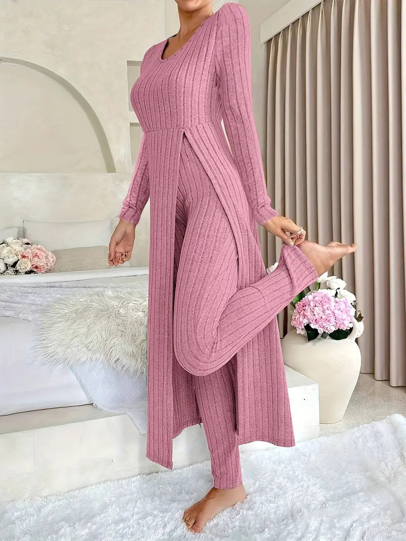 Bridget Murray | Ensemble coordonné avec cardigan long et pantalon en maille côtelée