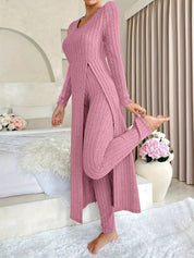 Bridget Murray | Ensemble coordonné avec cardigan long et pantalon en maille côtelée