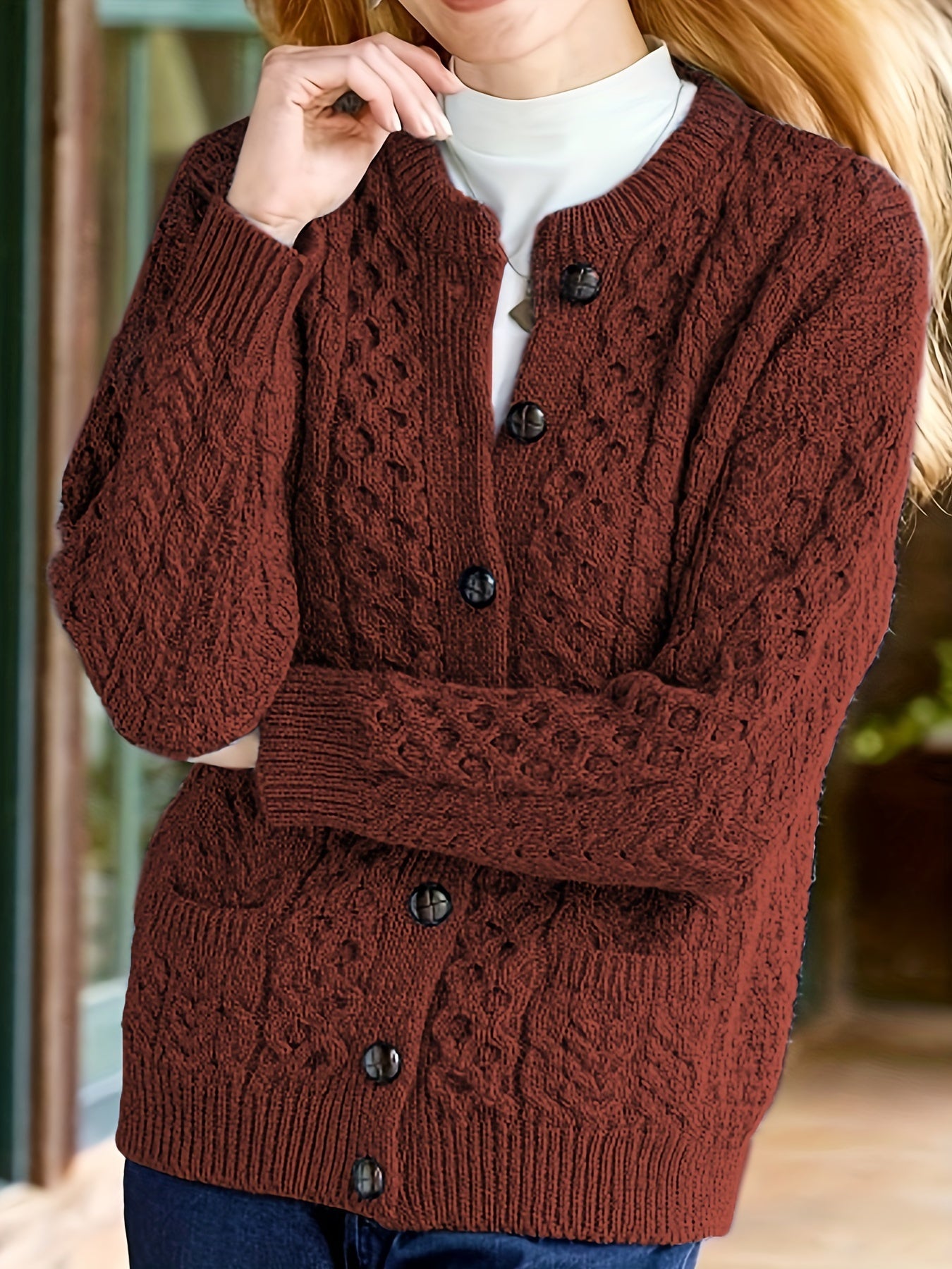 Rosalind Cooper | Textured Cable-Knit Button-Front Cardigan