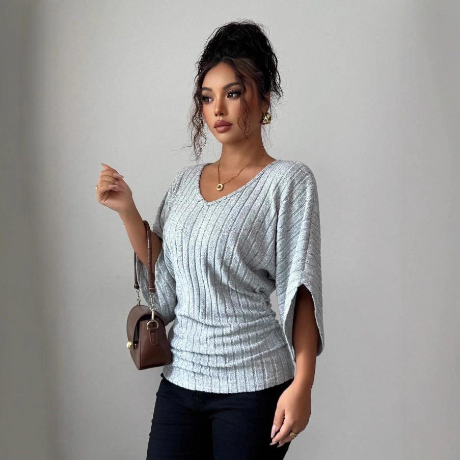 Emma Smith | Ribbed Knit V-Neck Batwing Sleeve Top