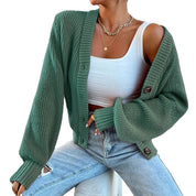 Orla Brown | Green Ribbed Knit Button-Front Cardigan