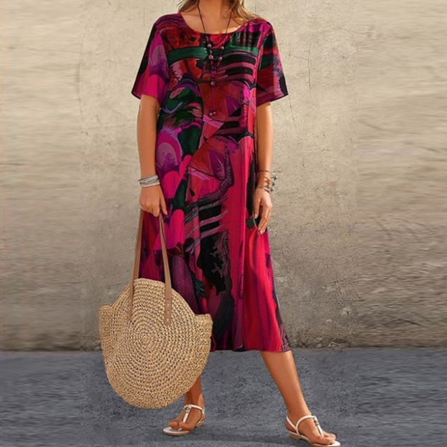 Daisy Morgan | Abstract Print Midi Dress with Short Sleeves