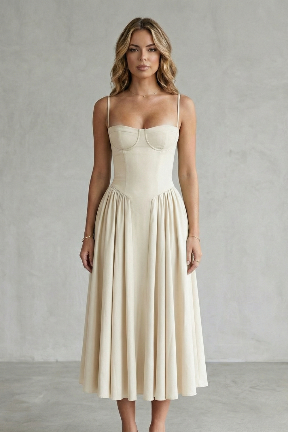 Imogen Hall | Sage Green Corset Midi Dress with Pleated Skirt