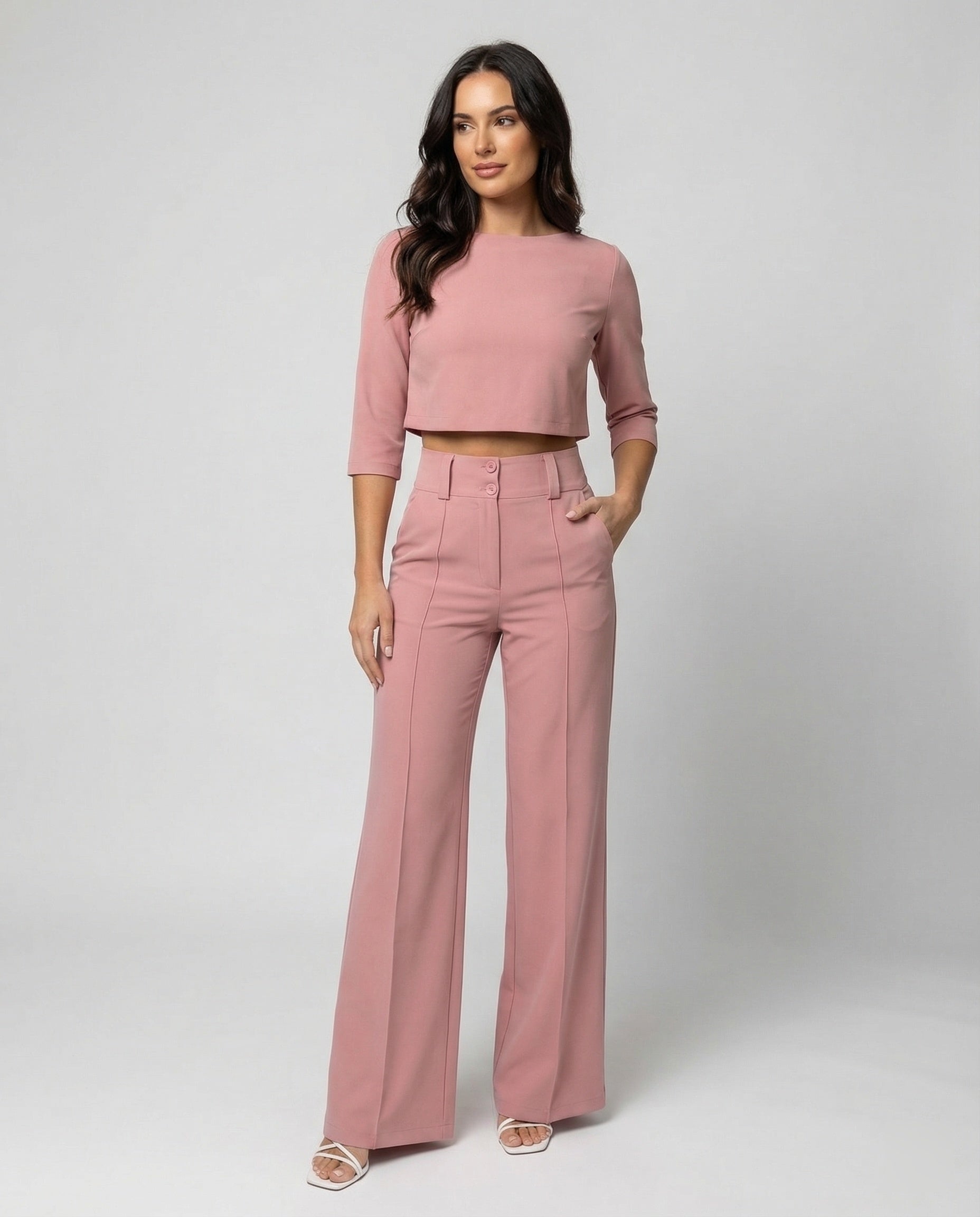 Valentina Rosière | Pink Wide-Leg Tailored Crop Top & Trouser Set