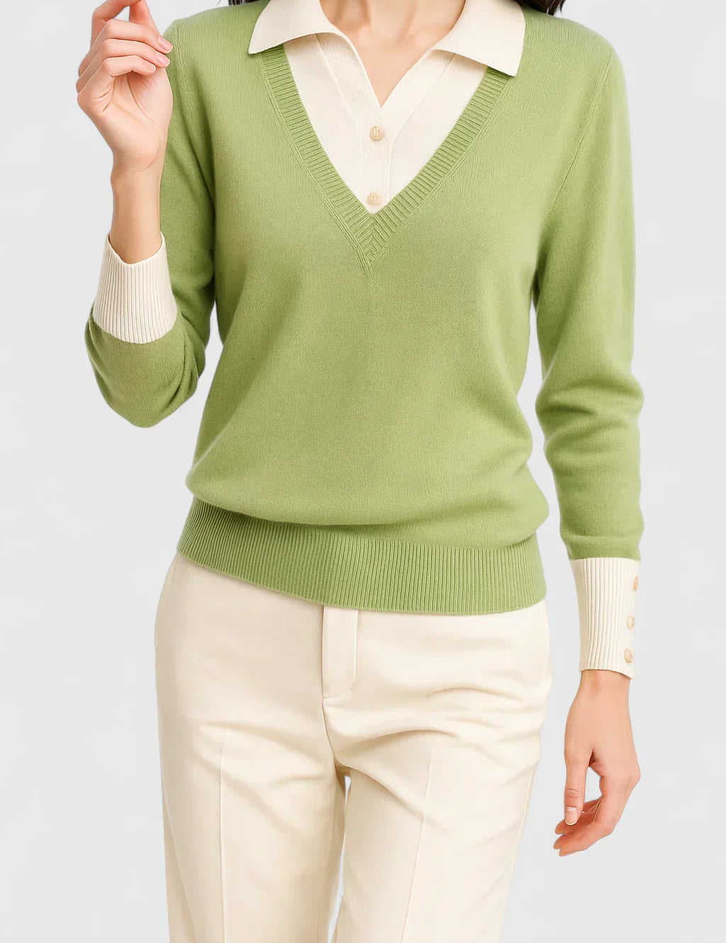 Daisy Marchbank | Collared V-Neck Sweater With Button Cuffs