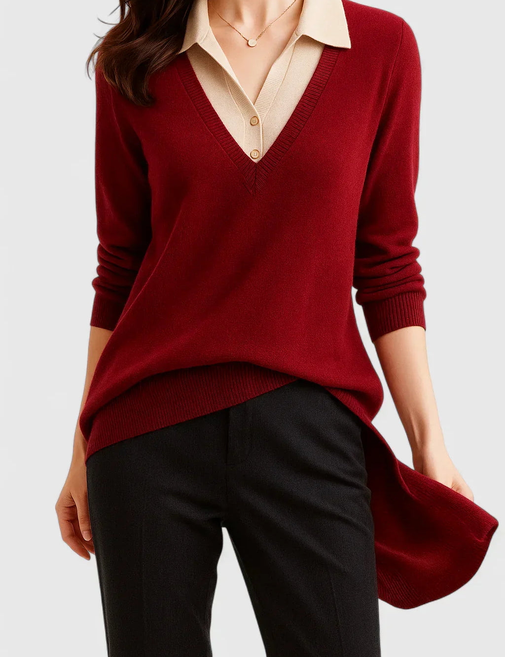 Daisy Marchbank | Collared V-Neck Sweater With Button Cuffs
