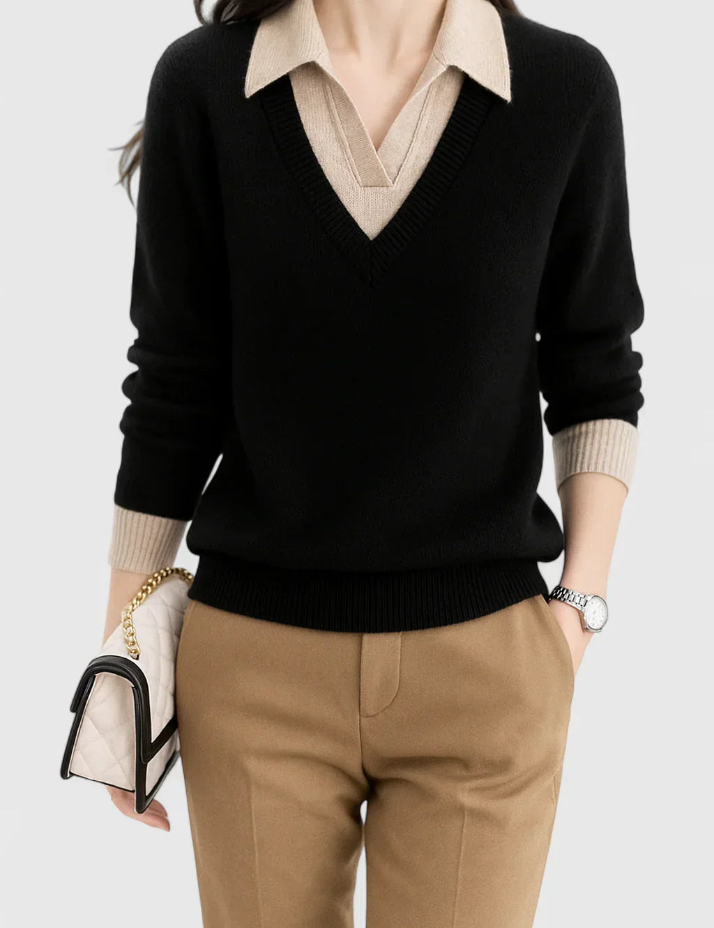 Daisy Marchbank | Collared V-Neck Sweater With Button Cuffs