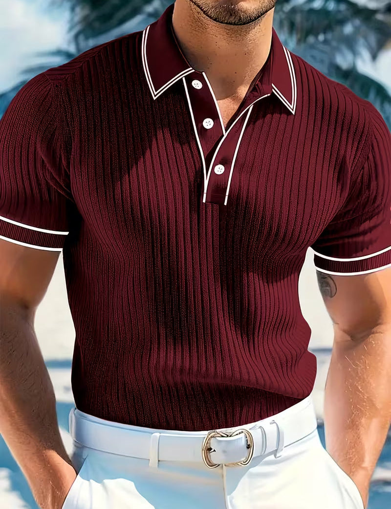 Oliver Blackstone | Men's Ribbed Knit Polo Shirt in Navy