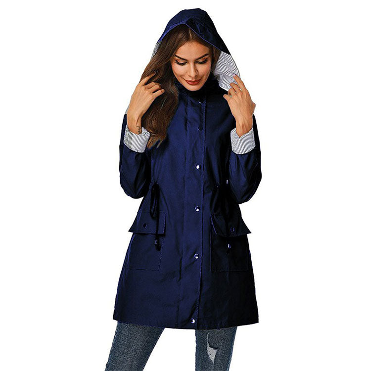 Grace Harrison | Hooded Drawstring Raincoat in Black, Khaki & Navy