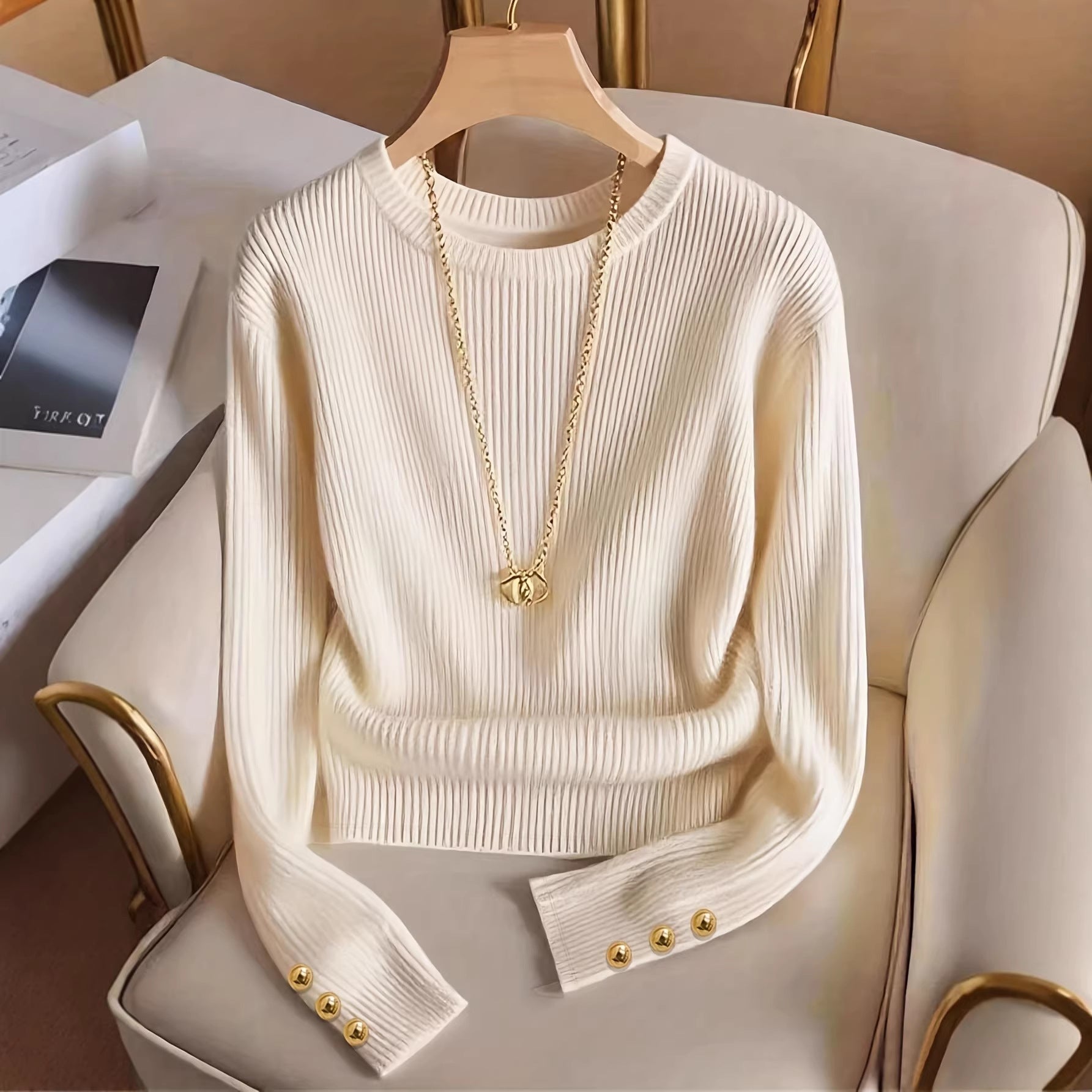 Imogen Clarke | Ribbed Knit Button-Cuff Sweater