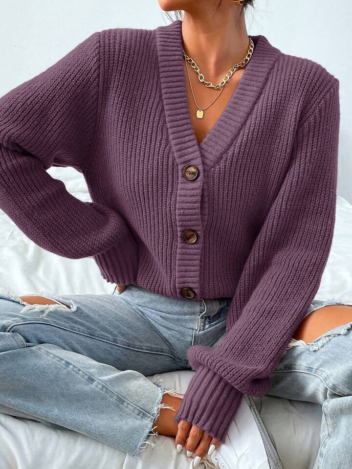 Orla Brown | Green Ribbed Knit Button-Front Cardigan
