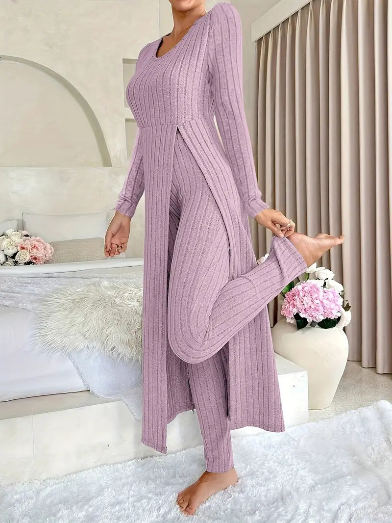 Bridget Murray | Ensemble coordonné avec cardigan long et pantalon en maille côtelée