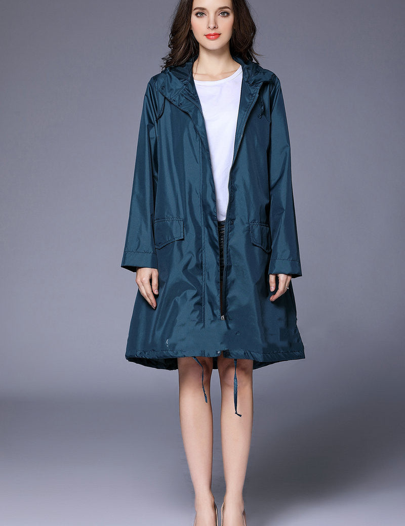 Phoebe Clarke | Navy Hooded Longline Raincoat with Drawstring Hem