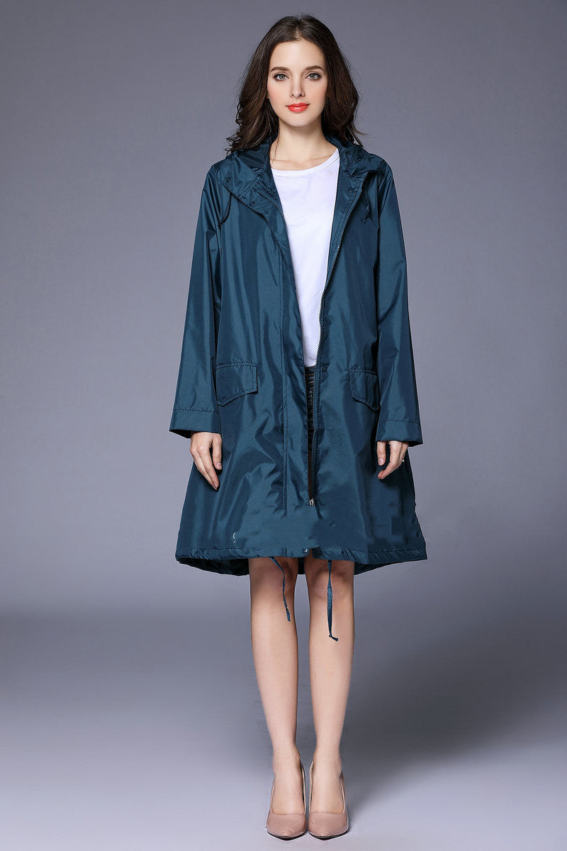 Phoebe Clarke | Navy Hooded Longline Raincoat with Drawstring Hem