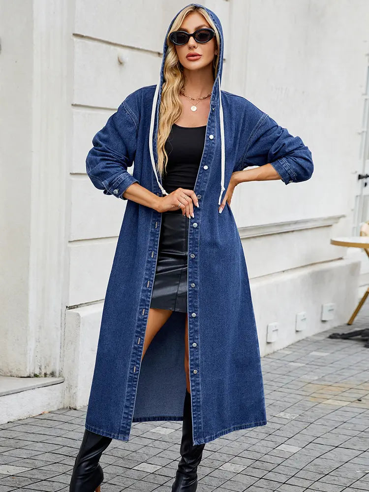 Cecily Wentworth | Hooded Long Denim Coat with Button Front
