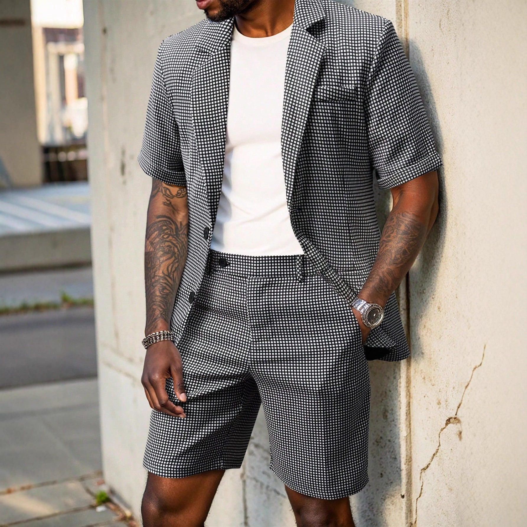 Nathaniel Cooper | Ensemble coordonné blazer à manches courtes et short à motif pied-de-poule