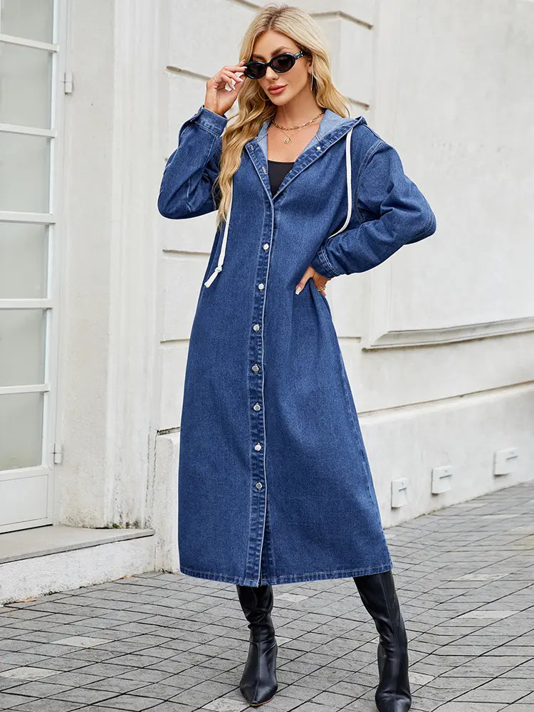 Cecily Wentworth | Hooded Long Denim Coat with Button Front