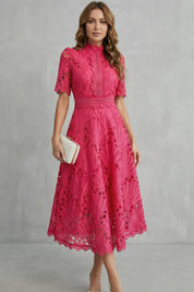 Cecily Hartwood | Hot Pink Lace High-Neck Midi Dress