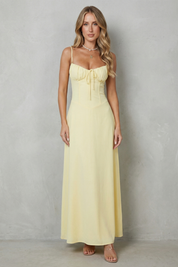 Elspeth Fairwood | Butter Yellow Corset Maxi Dress with Ruched Tie Bust