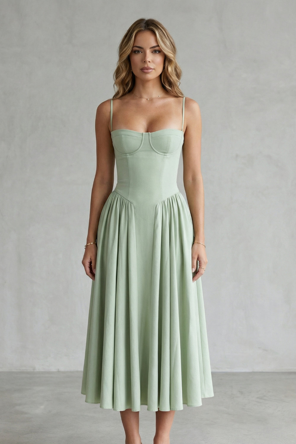 Imogen Hall | Sage Green Corset Midi Dress with Pleated Skirt