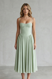 Imogen Hall | Sage Green Corset Midi Dress with Pleated Skirt