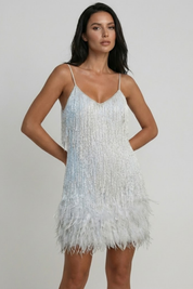 Phoebe Harrison | Emerald Sequin Feather Trim Mini Dress