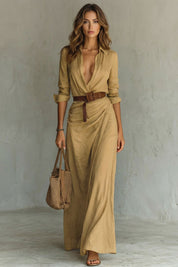 Elowen Harris | Deep V-Neck Belted Maxi Shirt Dress in Khaki