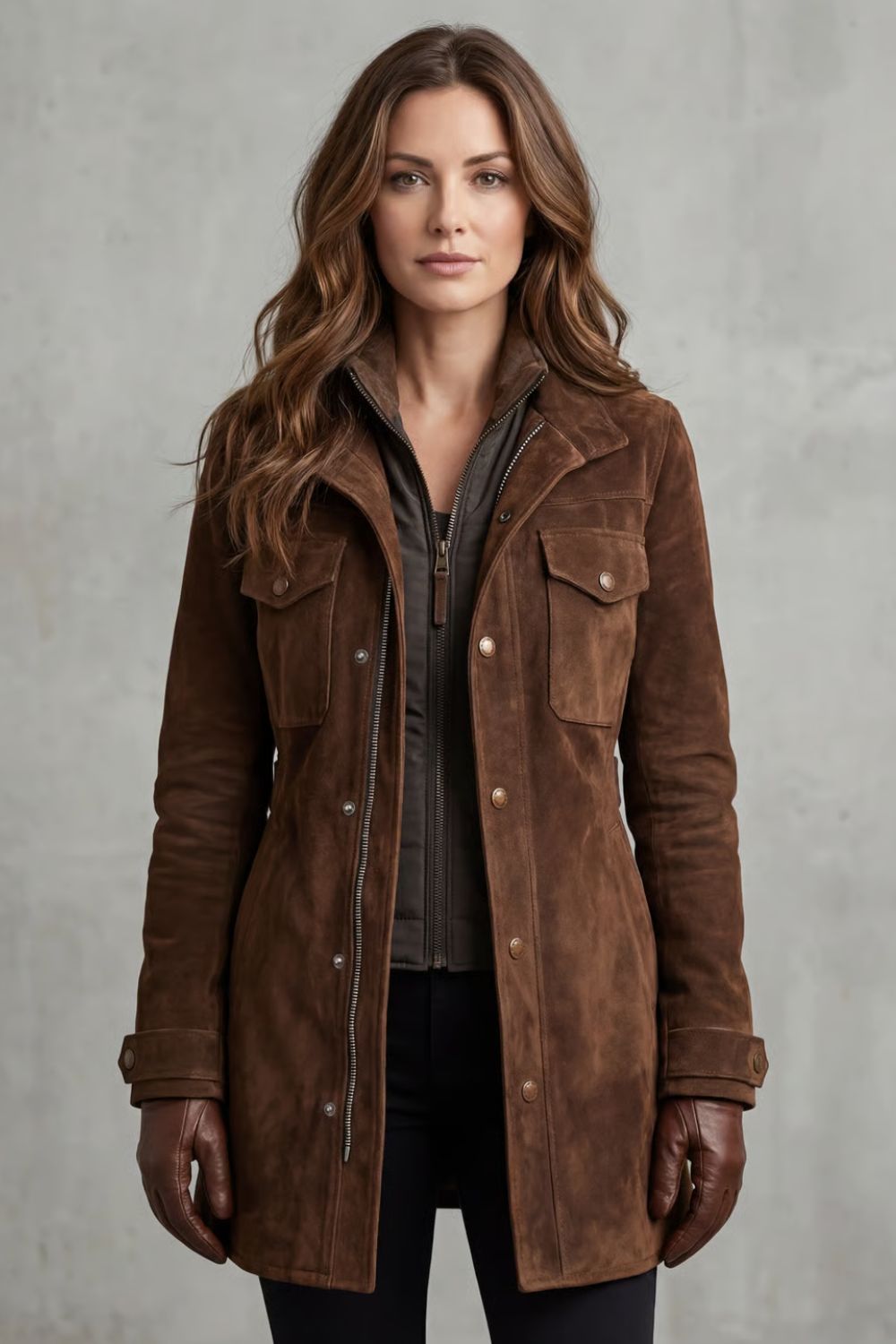 Georgina Cooper | Longline Suede-Effect Coat in Rich Brown