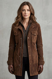Georgina Cooper | Longline Suede-Effect Coat in Rich Brown