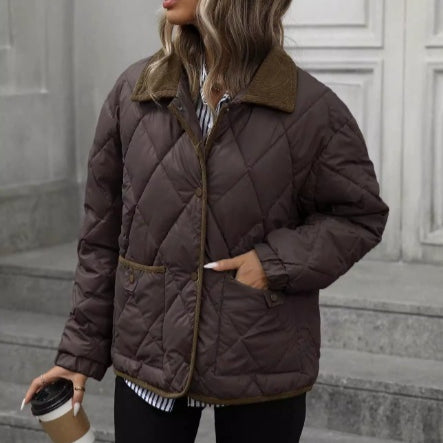 Matilda Evans | Quilted Diamond-Stitch Coat with Contrast Lapel Collar