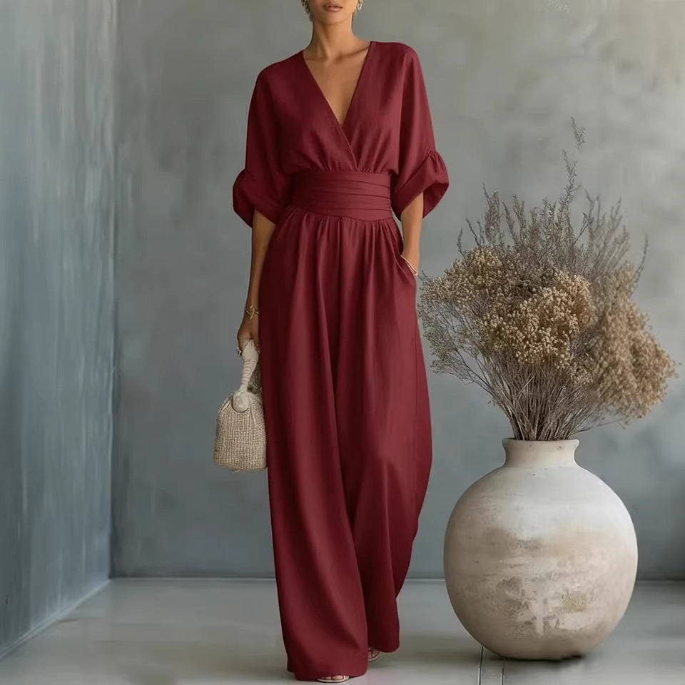 Edith Harrison | Olive Green Linen-Look Wide-Leg Jumpsuit